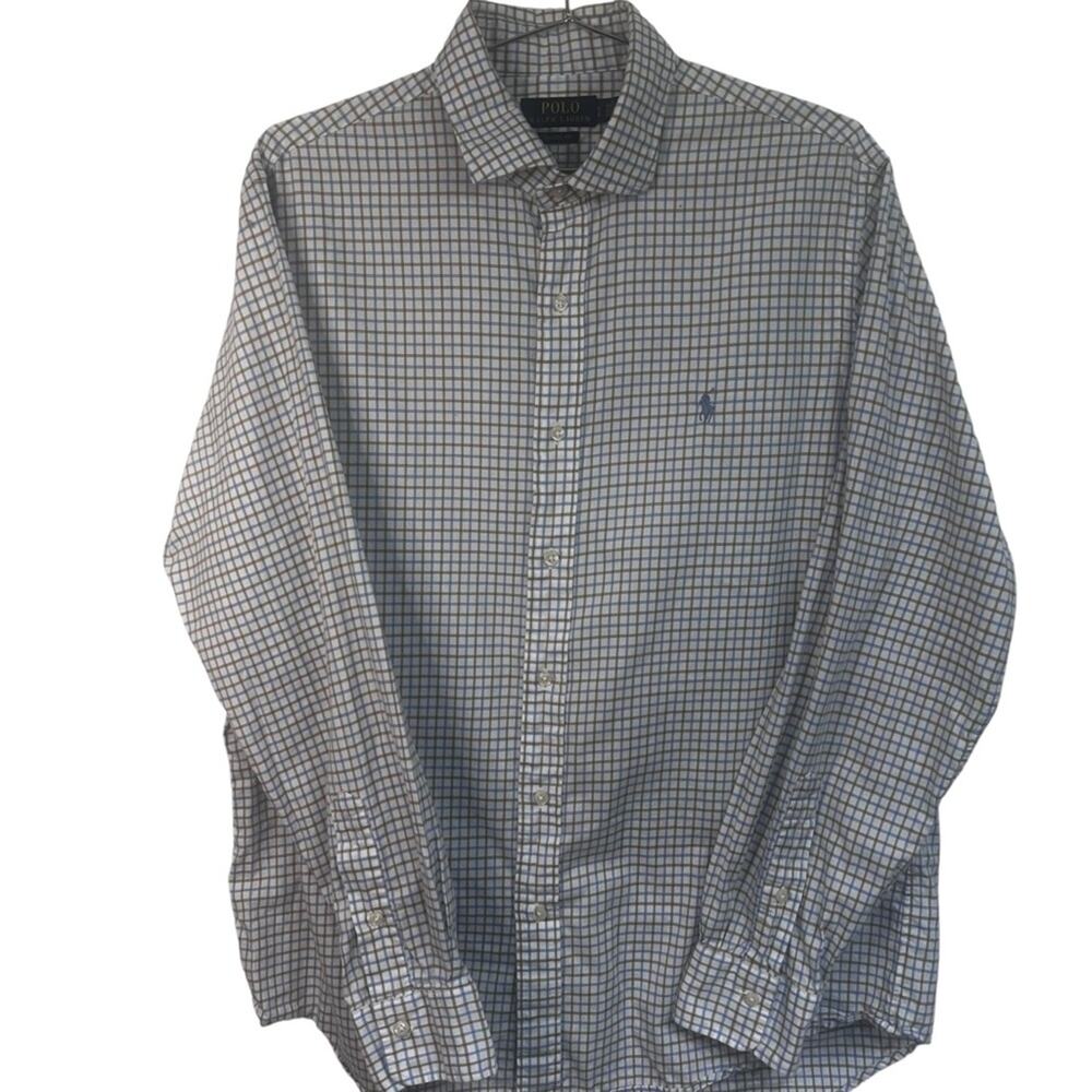 Polo Ralph Lauren Classic Fit Plaid Button Down Shirt Blue Brown Large